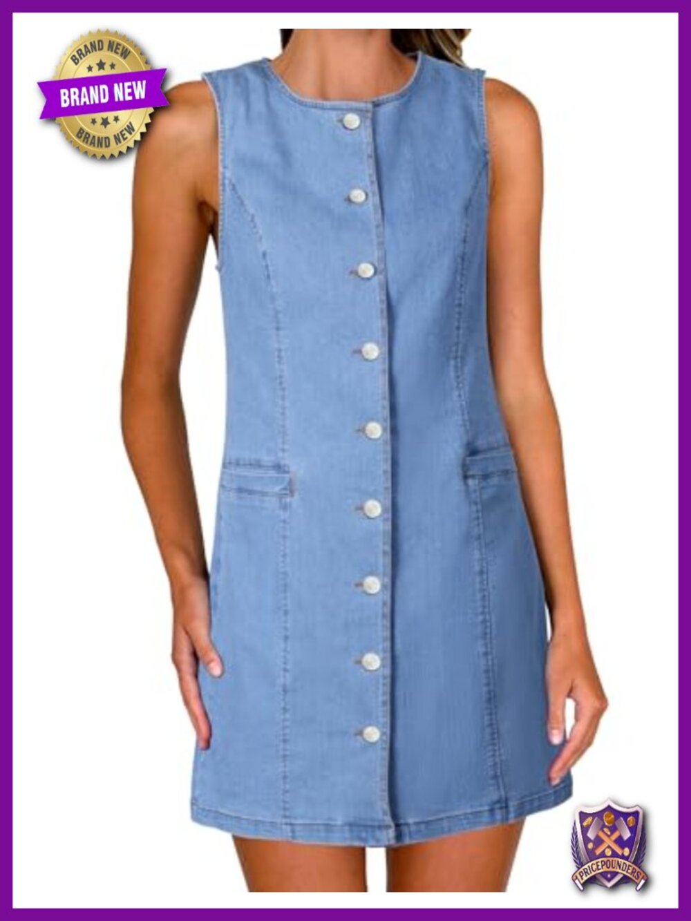 Sleeveless Denim Dress Mini A-Line Slim Fit Button Front Casual